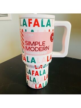 Simple Modern 'Fa La La' Holiday Travel Mug - White with Red & Green Print